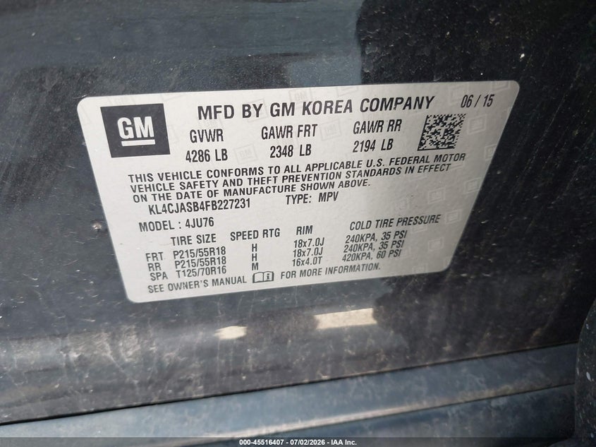 2015 Buick Encore VIN KL4CJASB4FB227231 IAAI salvage auction — NORMAL WEAR, Salvage Title, sold $900 on 2026-07-15 (photo 9)