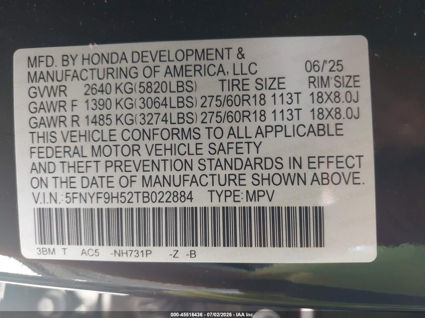 2026 Honda Passport VIN 5FNYF9H52TB022884 IAAI salvage auction — Unknown, Original (Texas), sold $20,000 on 2026-08-27 (photo 8)