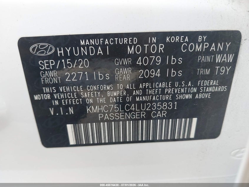 2020 Hyundai Ioniq VIN KMHC75LC4LU235831 IAAI salvage auction — FRONT END, Bill Of Sale (Washington), sold $2,150 on 2026-07-29 (photo 9)