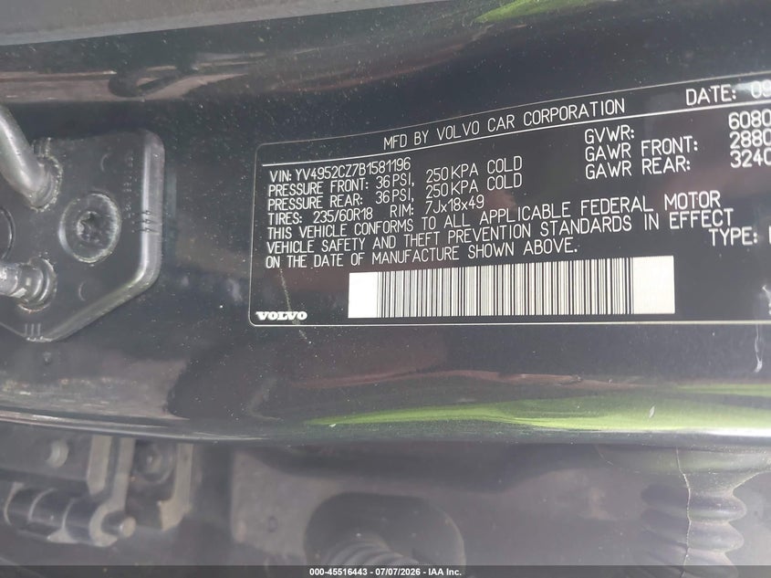 2011 Volvo Xc90 VIN YV4952CZ7B1581196 IAAI salvage auction — NORMAL WEAR, Clear (New York), sold $800 on 2026-07-14 (photo 9)