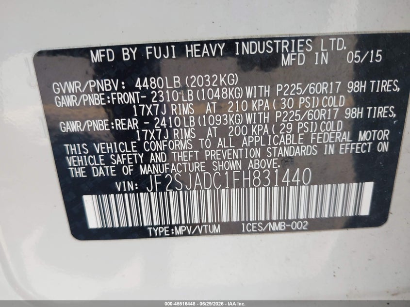 2015 Subaru Forester VIN JF2SJADC1FH831440 IAAI salvage auction — NORMAL WEAR, Clear (Connecticut), sold $625 on 2026-07-30 (photo 9)