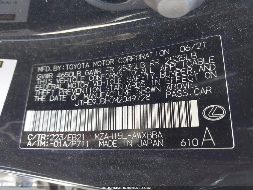 2021 Lexus Ux VIN JTHE9JBH0M2049728 IAAI salvage auction — SIDE, Salvage (California), sold $10,400 on 2026-08-24 (photo 9)