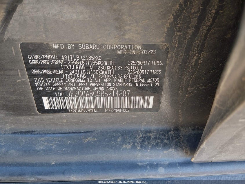 2024 Subaru Xv VIN JF2GUABC9R8214887 IAAI salvage auction — LEFT FRONT, Salvage (Oregon), sold $8,200 on 2026-08-21 (photo 9)