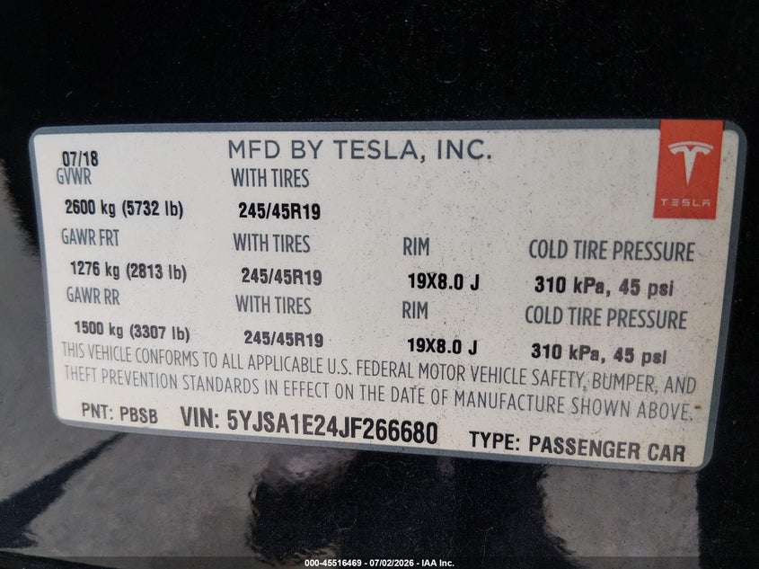 2018 Tesla Model s VIN 5YJSA1E24JF266680 IAAI salvage auction — FRONT END, Salvage Title, sold $4,150 on 2026-07-30 (photo 9)