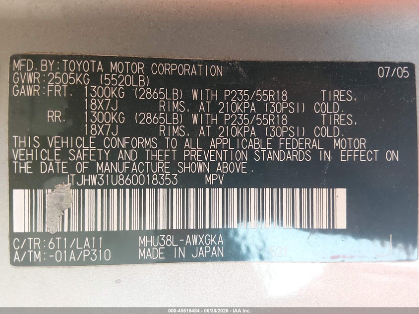 2006 Lexus Rx 400h VIN JTJHW31U860018353 IAAI salvage auction — NORMAL WEAR, Clear (Missouri), sold $1,125 on 2026-07-14 (photo 9)