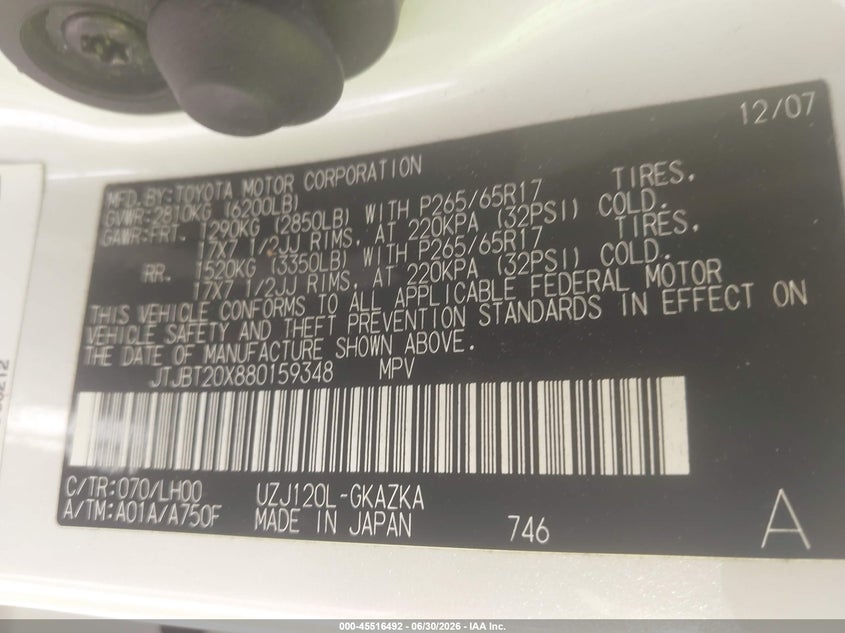 2008 Lexus Gx 470 VIN JTJBT20X880159348 IAAI salvage auction — NORMAL WEAR, Clear (Tennessee), sold $2,550 on 2026-07-22 (photo 9)