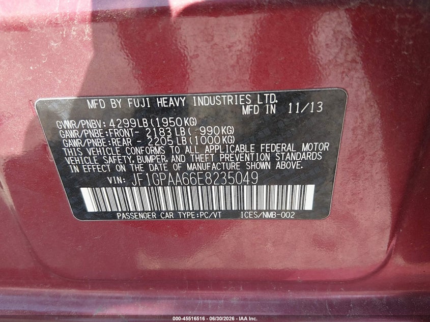 2014 Subaru Impreza VIN JF1GPAA66E8235049 IAAI salvage auction — NORMAL WEAR, Clear (New Jersey), sold $550 on 2026-07-14 (photo 9)