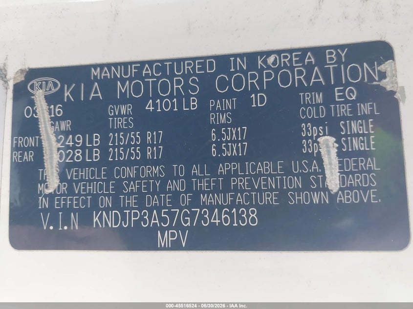 2016 Kia Soul VIN KNDJP3A57G7346138 IAAI salvage auction — THEFT, Salvage (California), sold $25 on 2026-07-29 (photo 9)