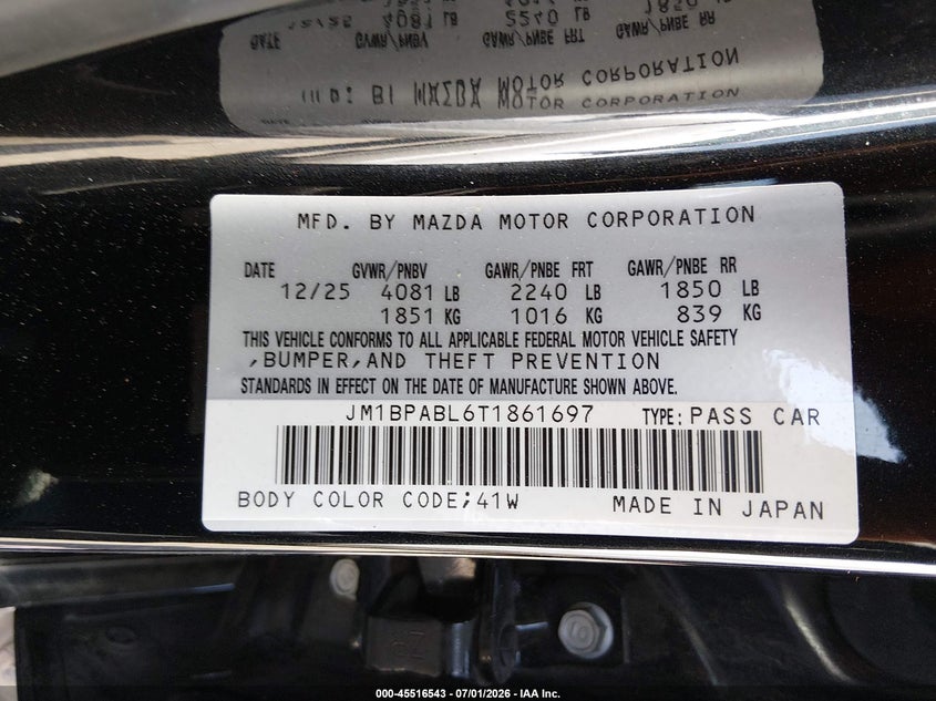 2026 Mazda 3 VIN JM1BPABL6T1861697 IAAI salvage auction — FRONT END, Salvage (Louisiana), sold $3,675 on 2026-09-16 (photo 9)