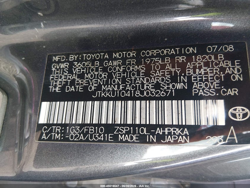 2008 Scion Xd VIN JTKKU10418J032671 IAAI salvage auction — FRONT END, Salvage (Louisiana), sold $425 on 2026-07-15 (photo 9)