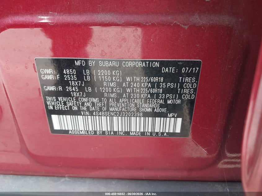2018 Subaru Outback VIN 4S4BSENC2J3202398 IAAI salvage auction — FRONT END, Salvage (California), sold $2,650 on 2026-08-01 (photo 9)
