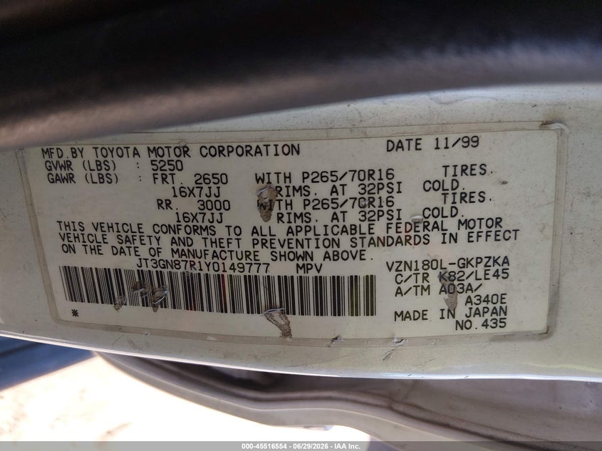 2000 Toyota 4runner VIN JT3GN87R1Y0149777 IAAI salvage auction — NORMAL WEAR, Clear-Dealer Only (Arizona), sold $1,950 on 2026-07-14 (photo 9)