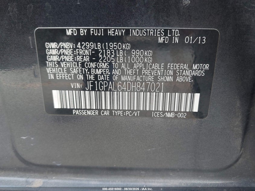 2013 Subaru Impreza VIN JF1GPAL64DH847021 IAAI salvage auction — LEFT FRONT, Salvage (California), sold $725 on 2026-07-29 (photo 9)