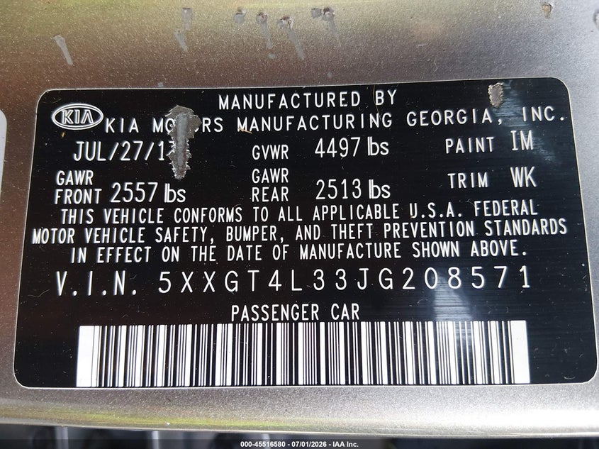 2018 Kia Optima VIN 5XXGT4L33JG208571 IAAI salvage auction — FRONT END, Salvage (Missouri), sold $1,150 on 2026-07-29 (photo 9)