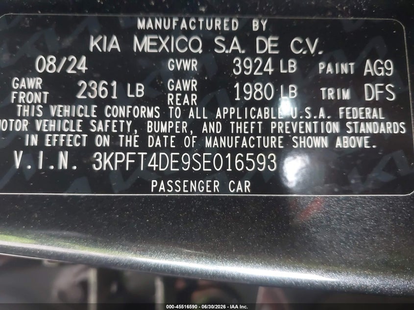 2025 Kia K4 VIN 3KPFT4DE9SE016593 IAAI salvage auction — REAR END, Salvage (California), sold $7,925 on 2026-07-27 (photo 9)