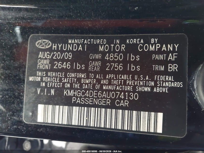 2010 Hyundai Genesis VIN KMHGC4DE6AU074130 IAAI salvage auction — NORMAL WEAR, Clear (Florida), sold $450 on 2026-07-09 (photo 9)
