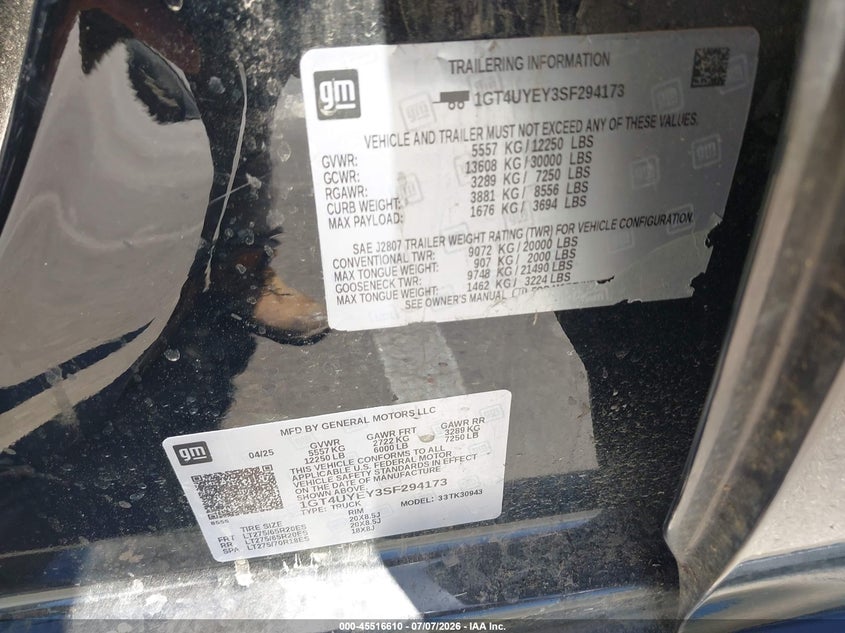 2025 Gmc SIERRA VIN 1GT4UYEY3SF294173 IAAI salvage auction — FRONT END, Salvage Title, sold $25,950 on 2026-08-19 (photo 9)