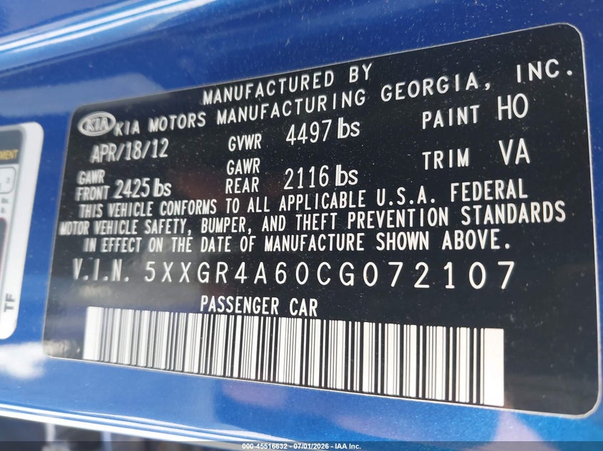 2012 Kia Optima VIN 5XXGR4A60CG072107 IAAI salvage auction — NORMAL WEAR, Salvage Title, sold $200 on 2026-07-21 (photo 9)