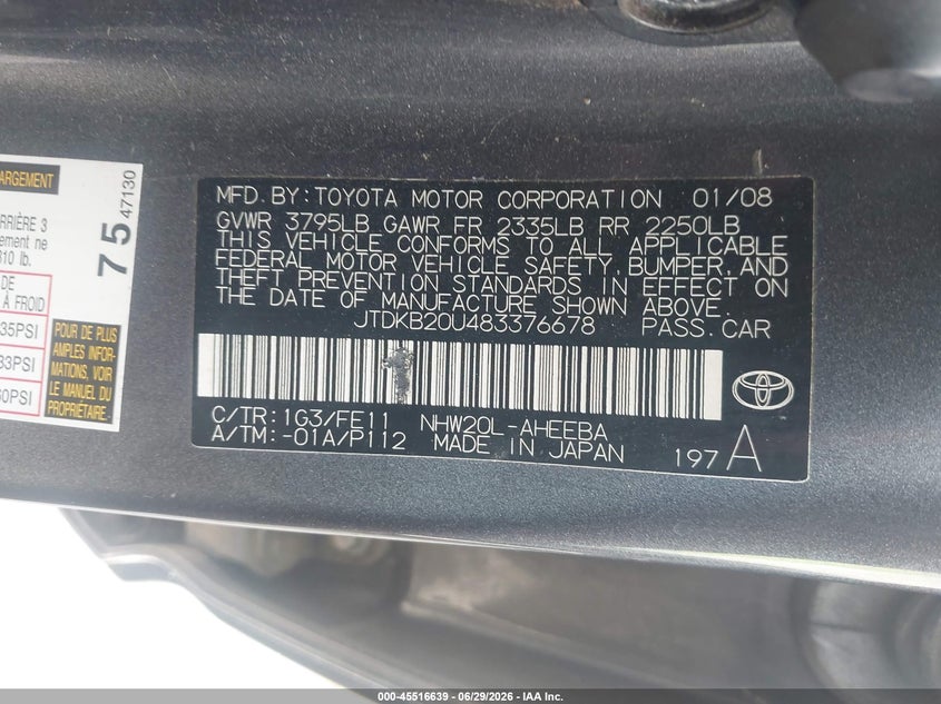 2008 Toyota Prius VIN JTDKB20U483376678 IAAI salvage auction — UNKNOWN, Salvage (California), sold $475 on 2026-07-30 (photo 9)