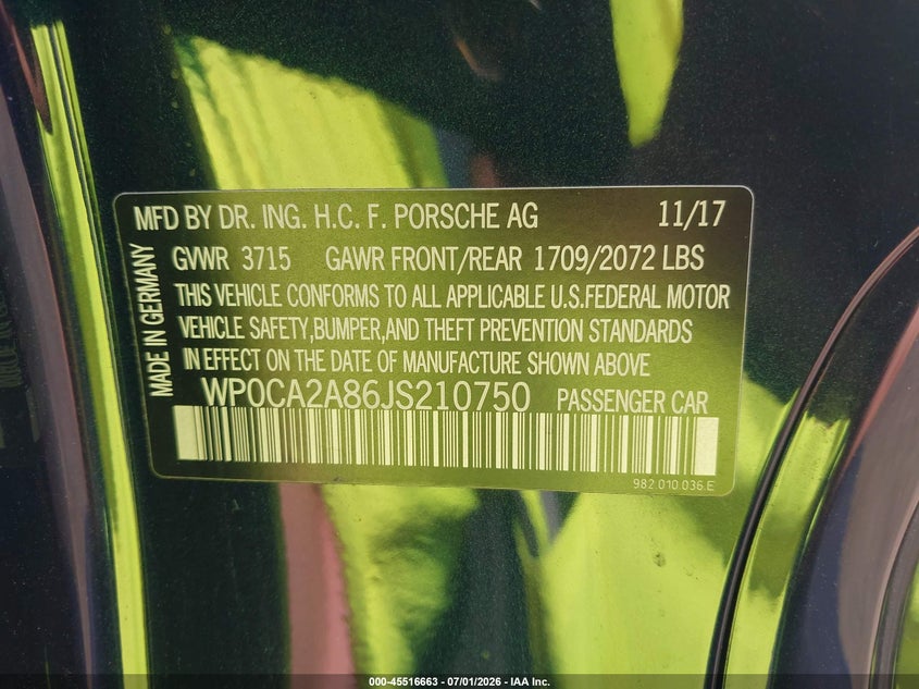 2018 Porsche 718 boxster VIN WP0CA2A86JS210750 IAAI salvage auction — SIDE, Wait Title, sold $15,325 on 2026-09-10 (photo 9)