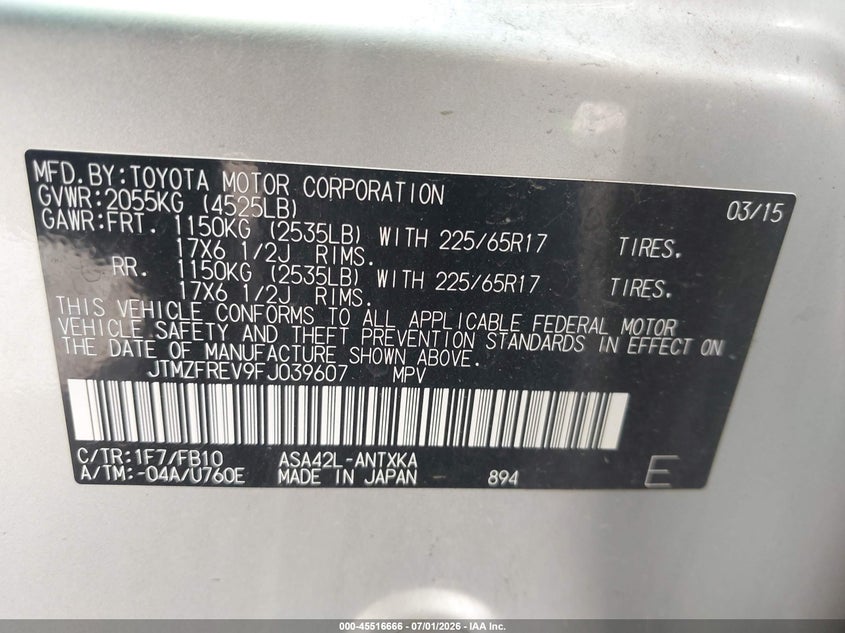 2015 Toyota Rav 4 VIN JTMZFREV9FJ039607 IAAI salvage auction — FRONT END, Salvage (Texas), sold $3,300 on 2026-07-29 (photo 9)