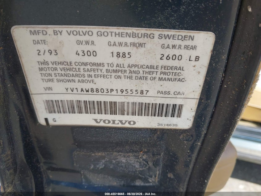 1993 Volvo 240 VIN YV1AW8803P1955587 IAAI salvage auction — NORMAL WEAR, Clear (Virginia), sold $1,000 on 2026-07-10 (photo 9)