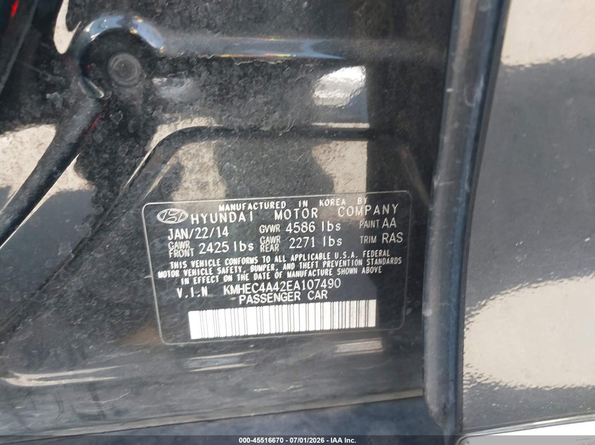 2014 Hyundai Sonata VIN KMHEC4A42EA107490 IAAI salvage auction — RIGHT REAR, Salvage Title, sold $875 on 2026-08-03 (photo 9)