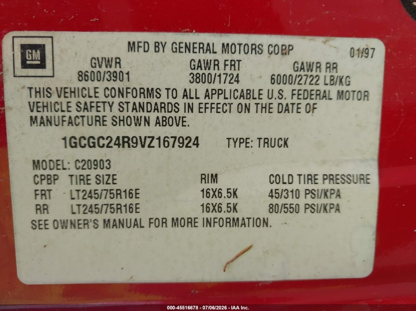 1997 Chevrolet C/k 2500 VIN 1GCGC24R9VZ167924 IAAI salvage auction — NORMAL WEAR, Clear (New York), sold $375 on 2026-07-09 (photo 9)