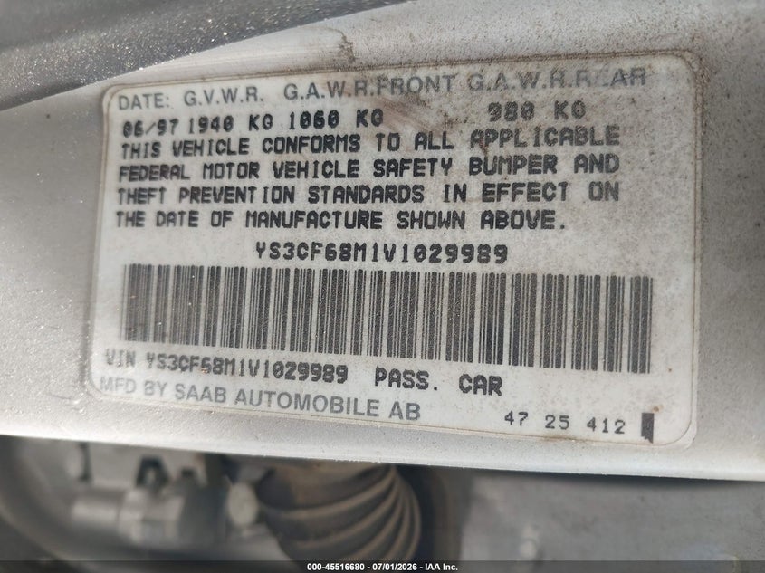 1997 Saab 9000 VIN YS3CF68M1V1029989 IAAI salvage auction — NORMAL WEAR, Clear (Oklahoma), sold $375 on 2026-07-07 (photo 9)