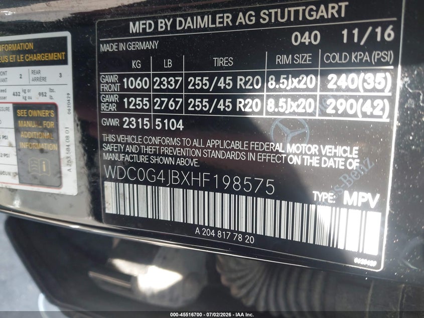 2017 Mercedes-benz Glc VIN WDC0G4JBXHF198575 IAAI salvage auction — FRONT & REAR, Salvage (North Carolina), sold $25 on 2026-07-29 (photo 9)