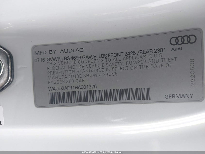 2017 Audi A5 VIN WAUD2AFR1HA001376 IAAI salvage auction — RIGHT REAR, Salvage Title, sold $1,250 on 2026-07-17 (photo 9)