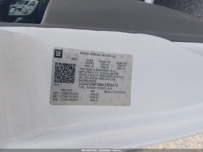 2019 Chevrolet Express 3500 VIN 1GAZGNFG6K1329473 IAAI salvage auction — NORMAL WEAR, Sf97 (Texas), sold $10,250 on 2026-09-02 (photo 9)