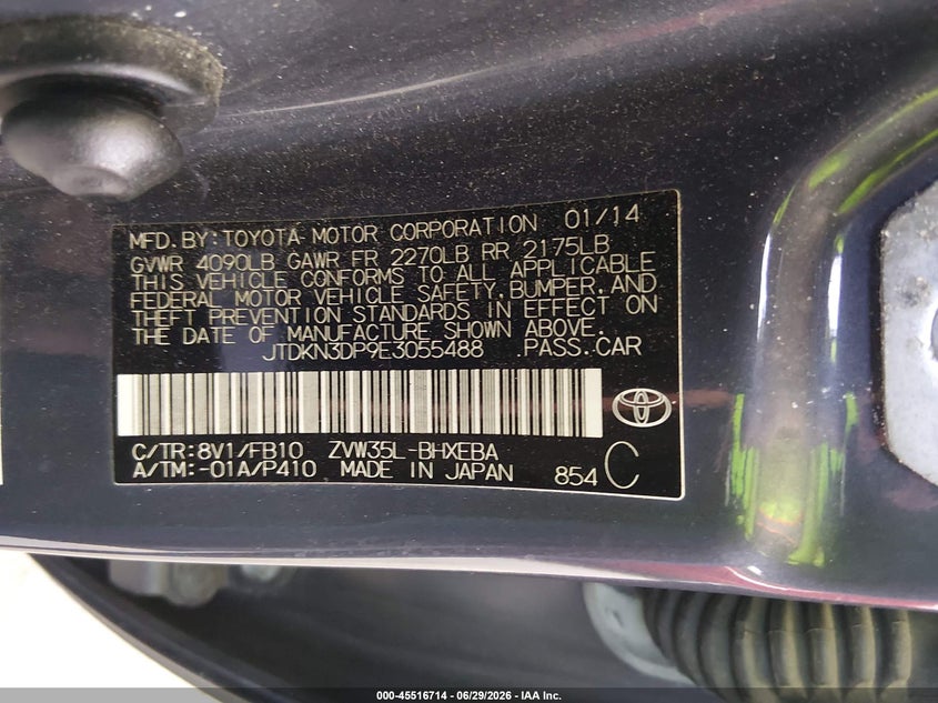 2014 Toyota Prius VIN JTDKN3DP9E3055488 IAAI salvage auction — REAR END, Salvage Title, sold $3,400 on 2026-08-02 (photo 9)