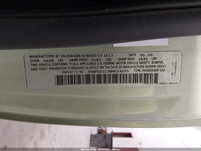 2008 Volkswagen Beetle VIN 3VWPG31C38M524205 IAAI salvage auction — RIGHT FRONT, Salvage (Idaho), sold $1,200 on 2026-08-07 (photo 9)