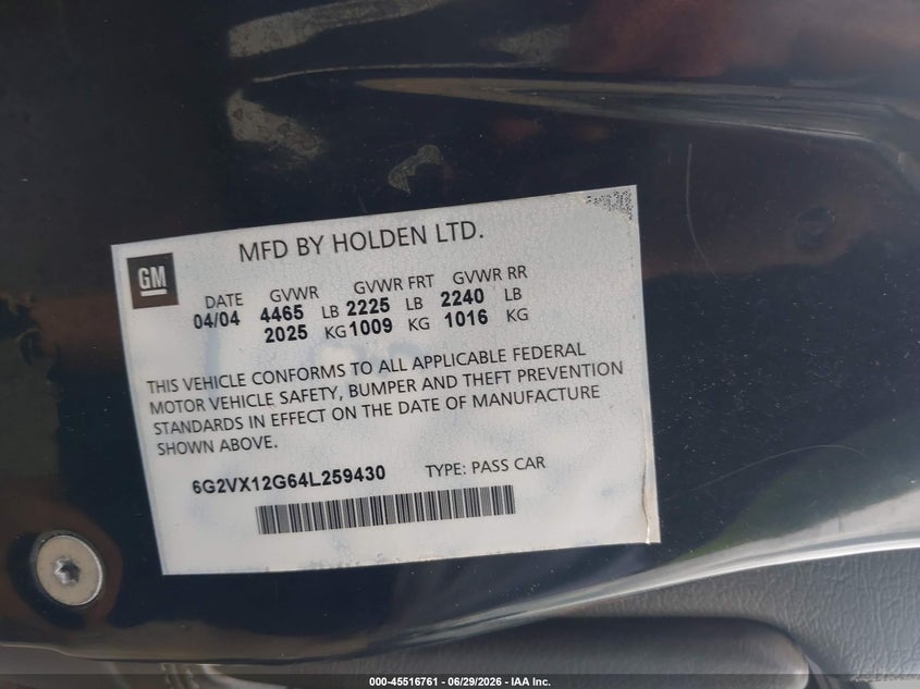 2004 Pontiac Gto VIN 6G2VX12G64L259430 IAAI salvage auction — NORMAL WEAR, Clear (Virginia), sold $4,000 on 2026-07-20 (photo 9)