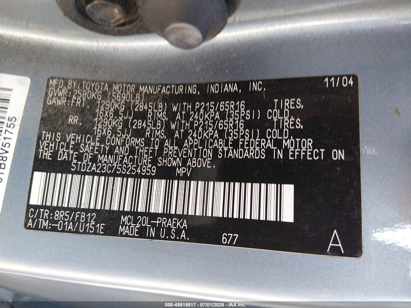 2005 Toyota Sienna VIN 5TDZA23C75S254959 IAAI salvage auction — LEFT SIDE, Clear (Massachusetts), sold $850 on 2026-07-29 (photo 9)