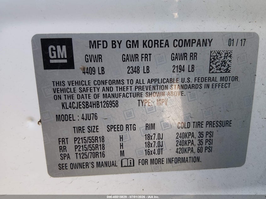 2017 Buick Encore VIN KL4CJESB4HB126958 IAAI salvage auction — NORMAL WEAR, Clear (New York), sold $1,550 on 2026-07-13 (photo 9)