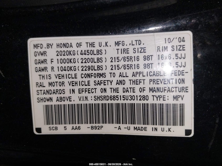 2005 Honda Cr-v VIN SHSRD68515U301280 IAAI salvage auction — NORMAL WEAR, Clear (New York), sold $750 on 2026-07-15 (photo 9)