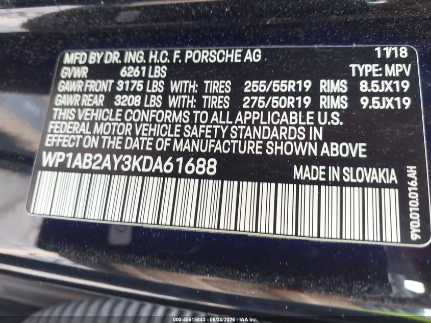 2019 Porsche Cayenne VIN WP1AB2AY3KDA61688 IAAI salvage auction — REAR END, Salvage (Georgia), sold $16,000 on 2026-08-12 (photo 9)