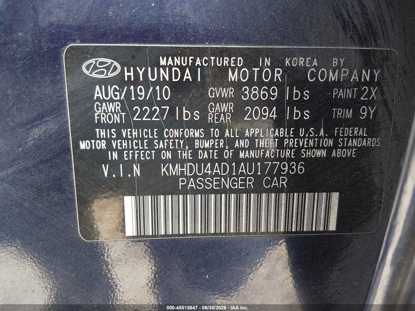2010 Hyundai Elantra VIN KMHDU4AD1AU177936 IAAI salvage auction — REAR END, Salvage (Alabama), sold $25 on 2026-07-29 (photo 9)