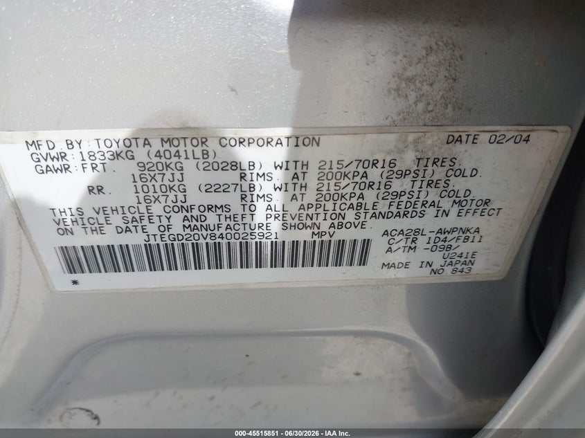 2004 Toyota Rav4 VIN JTEGD20V840025921 IAAI salvage auction — NORMAL WEAR, Clear (Illinois), sold $925 on 2026-07-29 (photo 9)