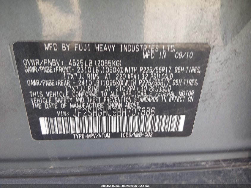 2011 Subaru Forester VIN JF2SHGHC9BH707886 IAAI salvage auction — NORMAL WEAR, Clear (Maryland), sold $600 on 2026-07-20 (photo 9)