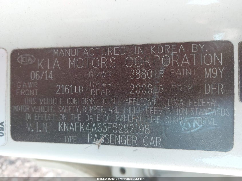 2015 Kia Forte VIN KNAFK4A63F5292198 IAAI salvage auction — REAR END, Salvage Title, sold $800 on 2026-07-26 (photo 9)