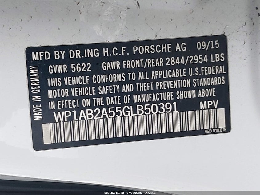 2016 Porsche Macan VIN WP1AB2A55GLB50391 IAAI salvage auction — LEFT FRONT, Salvage (New Jersey), sold $3,050 on 2026-07-29 (photo 9)