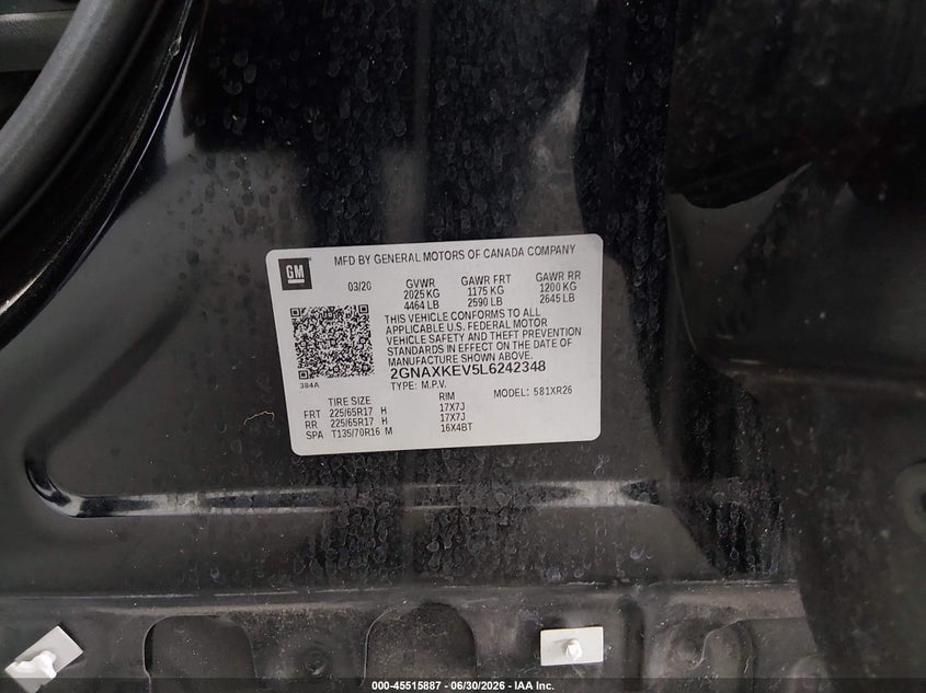 2020 Chevrolet Equinox VIN 2GNAXKEV5L6242348 IAAI salvage auction — FRONT & REAR, Certificate Of Destruction (Florida), sold $2,100 on 2026-07-25 (photo 9)