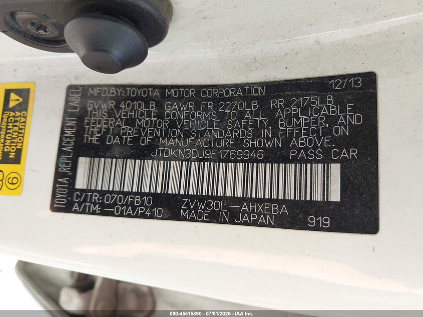 2014 Toyota Prius VIN JTDKN3DU9E1769946 IAAI salvage auction — NORMAL WEAR, Clear (Virginia), sold $2,150 on 2026-07-07 (photo 9)