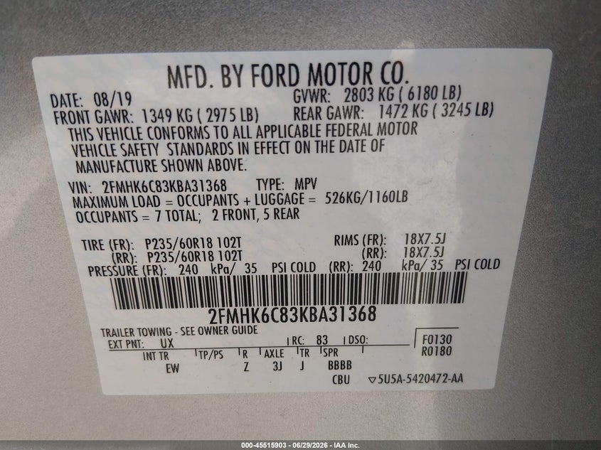 2019 Ford Flex VIN 2FMHK6C83KBA31368 IAAI salvage auction — NORMAL WEAR, Sf97 (Nevada), sold $10,900 on 2026-08-27 (photo 9)