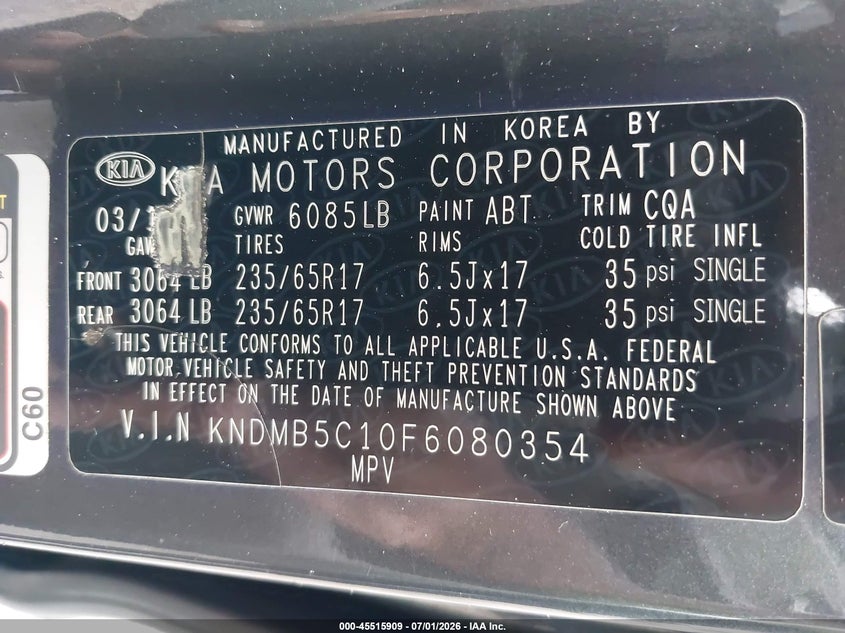 2015 Kia SEDONA VIN KNDMB5C10F6080354 IAAI salvage auction — NORMAL WEAR, Clear (Florida), sold $225 on 2026-07-14 (photo 9)