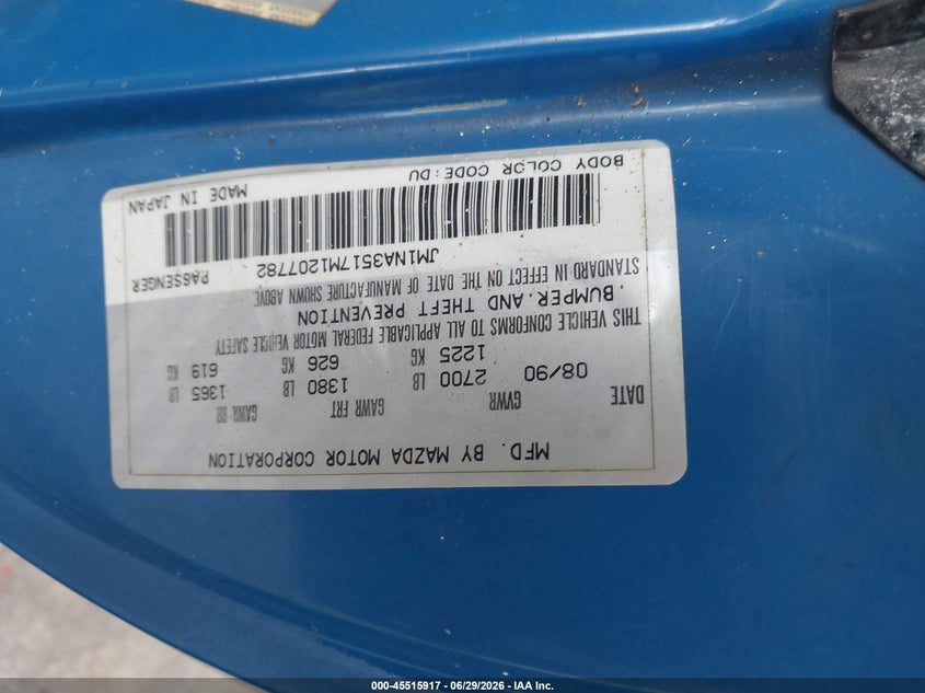 1991 Mazda Mx-5 miata VIN JM1NA3517M1207782 IAAI salvage auction — NORMAL WEAR, Clear (Illinois), sold $2,350 on 2026-07-08 (photo 9)