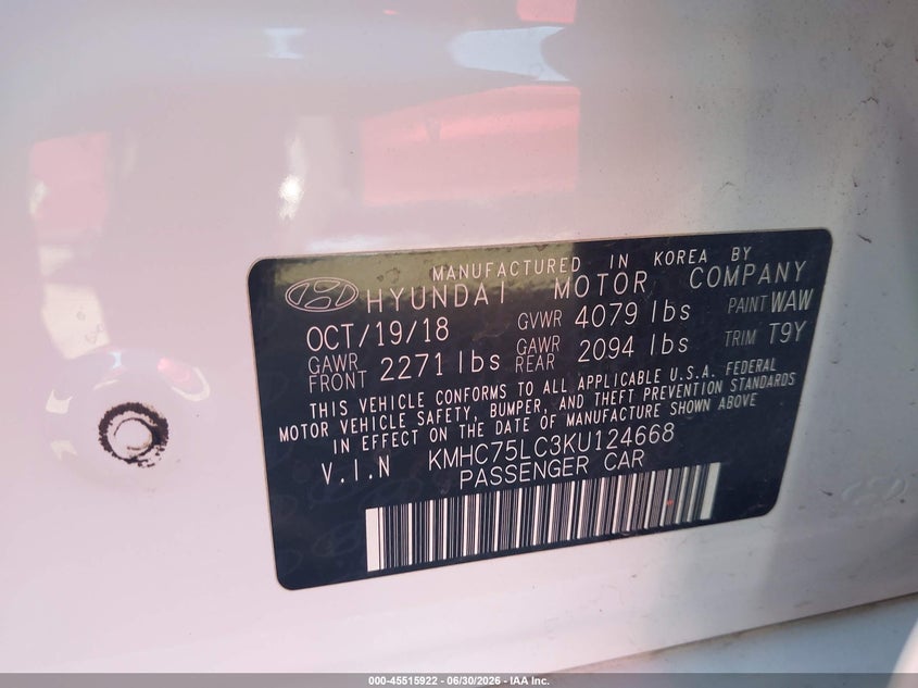 2019 Hyundai Ioniq VIN KMHC75LC3KU124668 IAAI salvage auction — RIGHT FRONT, Salvage (Arizona), sold $3,350 on 2026-07-11 (photo 9)